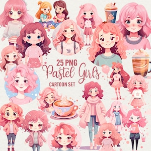 Cute Girl Clipart Bundle, 25 PNG Pink Cartoon Girls, Fantasy Girl, Spring Girl, Pastel Pink Little Girl Png, Coffee Girl, Commercial use