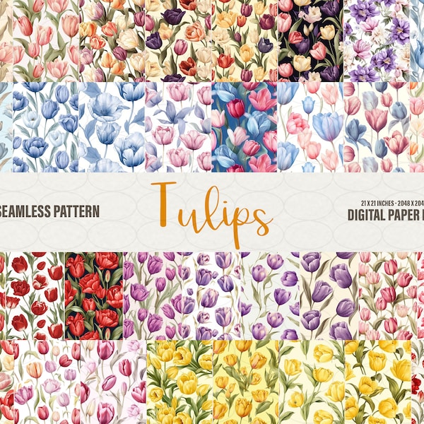 Tulips Seamless Pattern, 33 Tulips flowers Digital Paper, floral background texture Digital Seamless Paper Patterns, Commercial Use