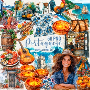 Clipart de viagem em aquarela Portugal, 50 png gráficos portugueses, pastel de nata, Lisboa, azulejo, comida, clipart da europa, uso comercial