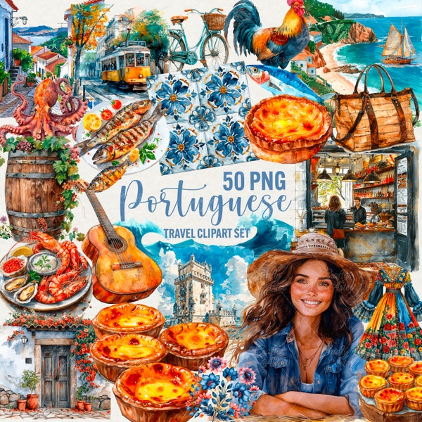 Clipart de voyage aquarelle Portugal, graphiques portugais 50 png, pastel de nata, Lisbonne, azulejos de carreaux, nourriture, clipart europe, usage commercial