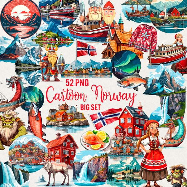 Dessin animé Norvège clipart, 52 png Bundle clipart paysages nordiques, clipart Nature scandinave, clipart voyage culture Norvège, usage Commercial