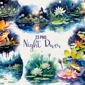 Aquarelle rivière nuit des cliparts, 23 PNG étangs des nénuphars Clipart, rivière nuit au clair de lune, grenouille étang aquarelle printemps clipart. Utilisation commerciale