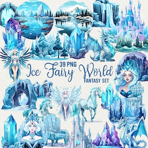 Ice Land Fantasy Clipart, 39 PNG Ice Fantasy World, dragon de glace, fée, château, reine, illustrations de clipart monde de glace, usage commercial.