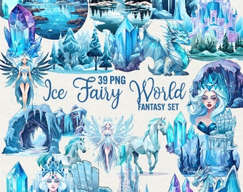 Ice Land Fantasy Clipart: Dragon, Fairy, Queen (39 PNG)