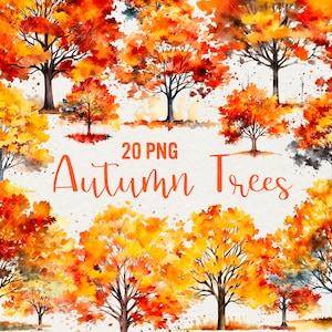 Watercolor Autumn trees Clipart, 20 PNG bundle Watercolor Autumn illustration, Autumn tree with Leavesclipart, Commercial use