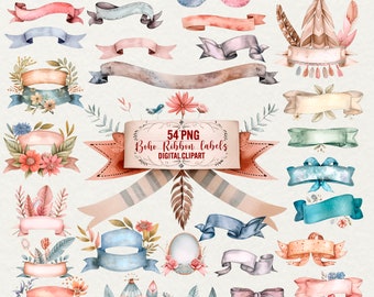 May include: A set of 54 watercolor boho ribbon labels with floral, feather, and geometric designs. The labels are in various colors, including pink, blue, green, and brown. The labels are perfect for adding a touch of boho chic to your projects.
