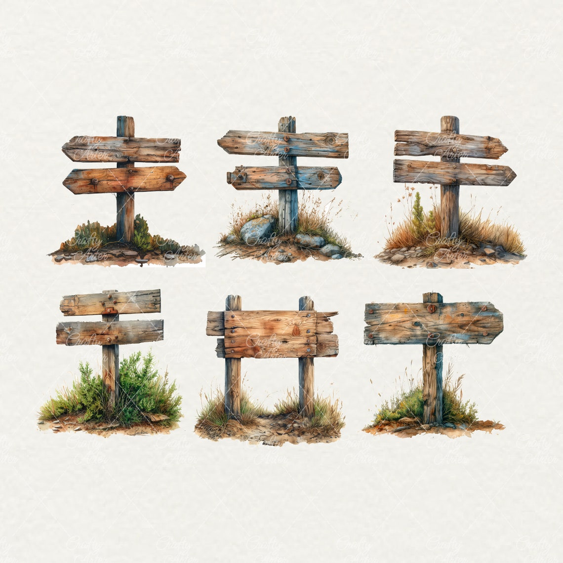 Watercolor Rustic Wood Sign Clipart: 24 PNG Graphics (digital Download ...