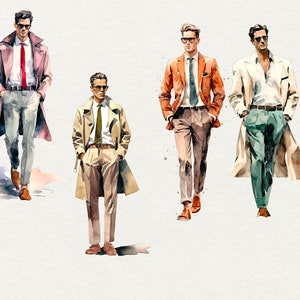 May include: Four men wearing different styles of coats and sunglasses. The men are wearing various colors of pants and shirts. The background is a light gray.
