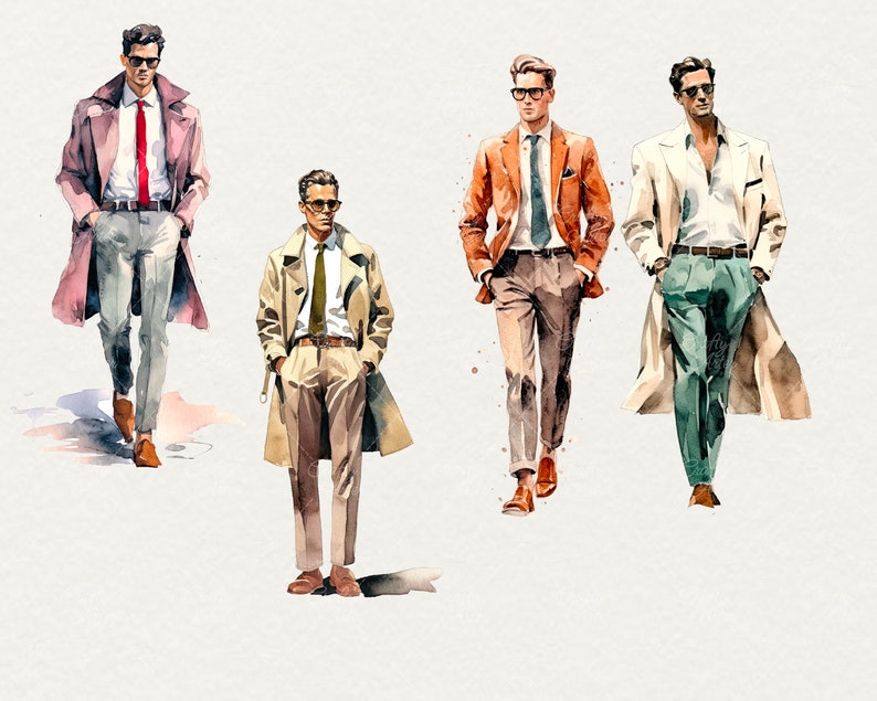 May include: Four men wearing different styles of coats and sunglasses. The men are wearing various colors of pants and shirts. The background is a light gray.