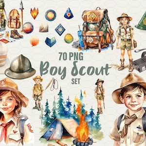 Clipart ad acquerello di Boy Scout, Clipart da campeggio, Clipart estiva, Clipart all'aperto, Falò, Clipart, Boy Scout, Girl Scout, Uso commerciale.