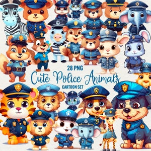 Cute Police Animals Clipart, 28 PNG Animal Clipart, Cartoon Kids Animals, Puppy, Elephant, Lion, Squirrel, Bear Clipart for Commercial Use