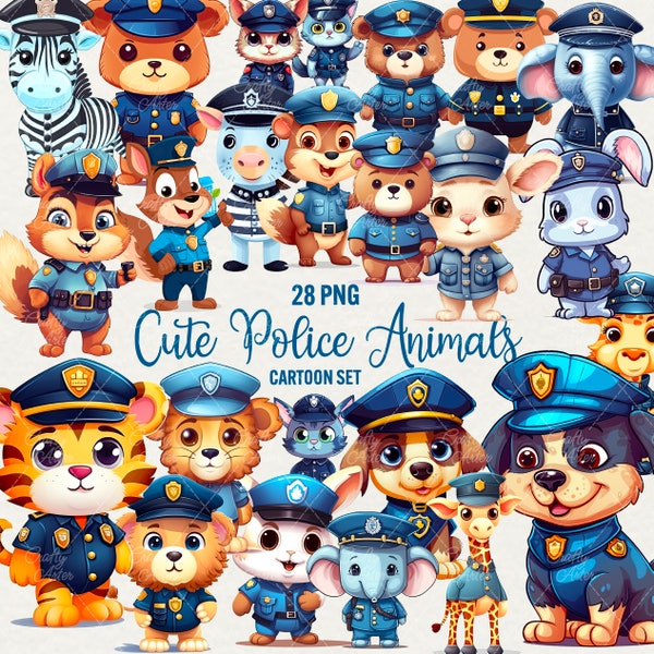 Cute Police Animals Clipart, 28 PNG Animal Clipart, Cartoon Kids Animals, Puppy, Elephant, Lion, Squirrel, Bear Clipart for Commercial Use