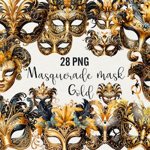 Aquarell Gold Maskerade Clipart, 28 Png digitale Kunst Karneval Masken Grafiken und Maskerade Maske, kommerzielle Nutzung.