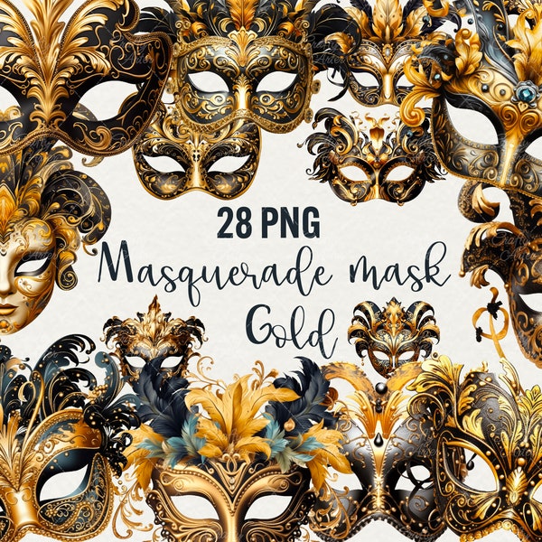 Watercolor Gold Masquerade Clipart, 28 Png digital art carnival Masks graphics and masquerade Mask, Commercial Use.