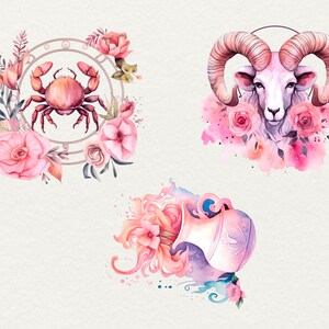May include: Watercolour illustrations of the zodiac signs Cancer, Aries, and Aquarius. Each sign is surrounded by pink flowers and leaves.