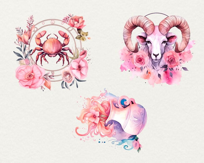 May include: Watercolour illustrations of the zodiac signs Cancer, Aries, and Aquarius. Each sign is surrounded by pink flowers and leaves.