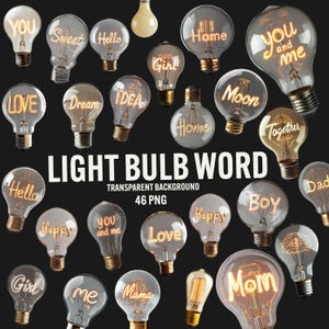 Glühbirne Wort PNG Clipart, Neon-Zeichen Buchstaben png, Glühbirne Wörter für Mockups, Foto-Overlay, transparenter Hintergrund, kommerzielle Nutzung