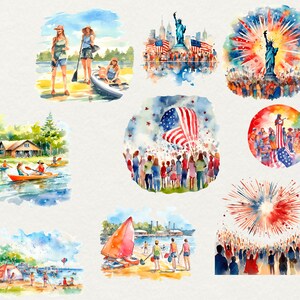 Puede incluir: Una ilustraci&oacute;n de acuarela de varias escenas que celebran el D&iacute;a de la Independencia. Las escenas incluyen personas en kayak, un grupo de personas reunidas alrededor de una bandera, un espect&aacute;culo de fuegos artificiales y una mujer de pie en un bote sosteniendo un remo.