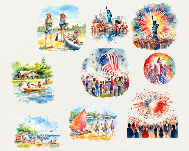 Puede incluir: Una ilustraci&oacute;n de acuarela de varias escenas que celebran el D&iacute;a de la Independencia. Las escenas incluyen personas en kayak, un grupo de personas reunidas alrededor de una bandera, un espect&aacute;culo de fuegos artificiales y una mujer de pie en un bote sosteniendo un remo.