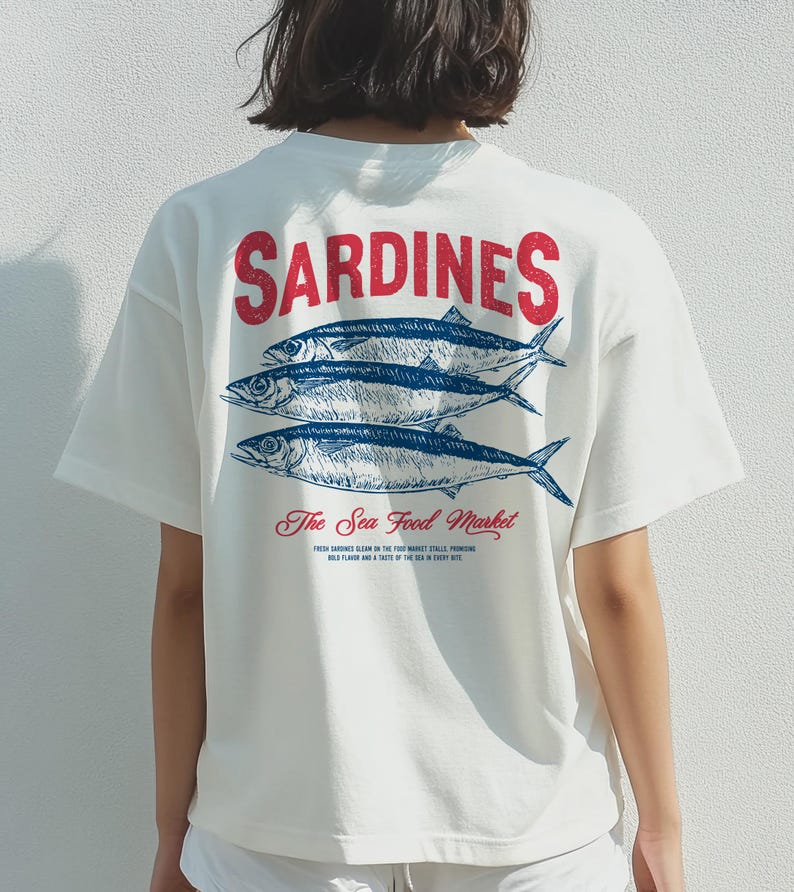 Vintage sardines illustration digital design featuring three detailed sardines with classic typography, perfect for t-shirts, mugs, wall art, kitchen decor, tote bags, and coastal home accessories. Includes 1 high-resolution PNG file with transparent background and 1 PDF file. Ideal for seafood lovers, nautical themes, ocean-inspired decor, and creative DIY projects. Perfect for printable designs celebrating seafood and coastal living.