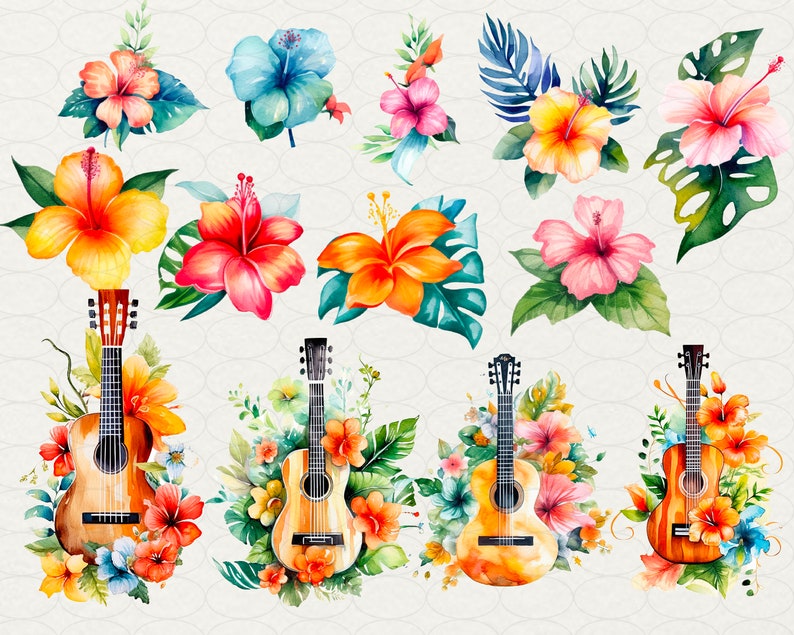 Summer Hawaii Clipart, Aloha Hawaii Watercolor, 64 PNG Hawaii clip art Digital art, flowers, drinks, surfing, beach, palms, Commercial use. Hawaii party, luau Hawaii