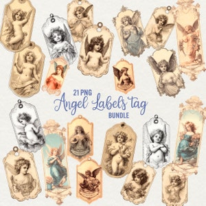 May include: A set of 21 vintage angel labels or tags in PNG format. The labels feature angels with wings, some with halos, in various poses. The labels are in a variety of colors, including white, black, brown, and cream. The labels are perfect for adding a touch of vintage charm to your projects.