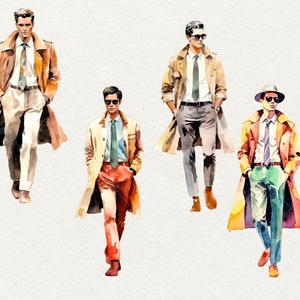 Retro Mens Fashion Clipart: Watercolor PNG Bundle image 3
