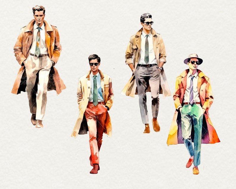 Retro Mens Fashion Clipart: Watercolor PNG Bundle image 3