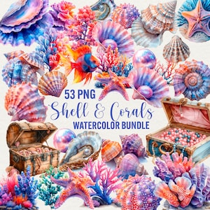 Imágenes prediseñadas de conchas y corales en acuarela, 53 imágenes PNG de océanos marinos, conchas marinas, arrecifes de coral, vida marina submarina, imágenes prediseñadas náuticas, uso comercial