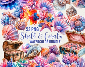 Clipart di conchiglie ad acquerello: barriere coralline marine (download digitale di 53 PNG)