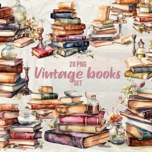 clipart de livres vintage, clipart de livre d'école, 20 livres anciens aquarelles png, livre rétro, livres bohèmes. Utilisation commerciale