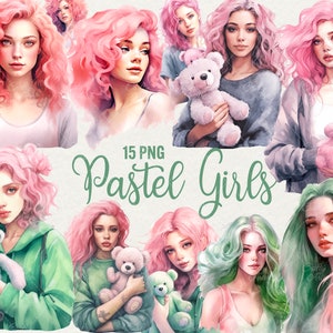 Bella ragazza pastello Clipart, clipart ragazza acquerello, 15 PNG Bella donna con capelli rosa, uso commerciale.