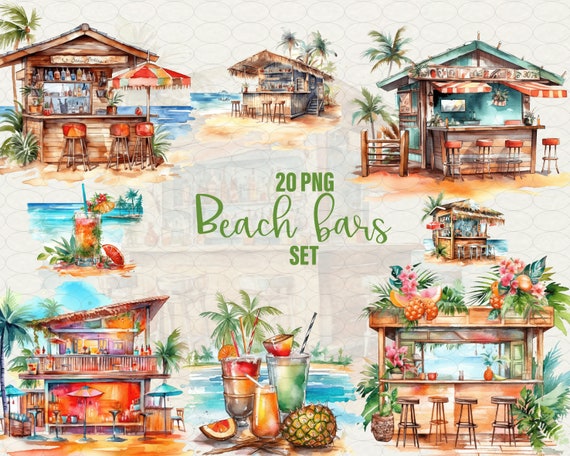 Watercolor Beach Bar Clipart: Tropical Island PNG Set