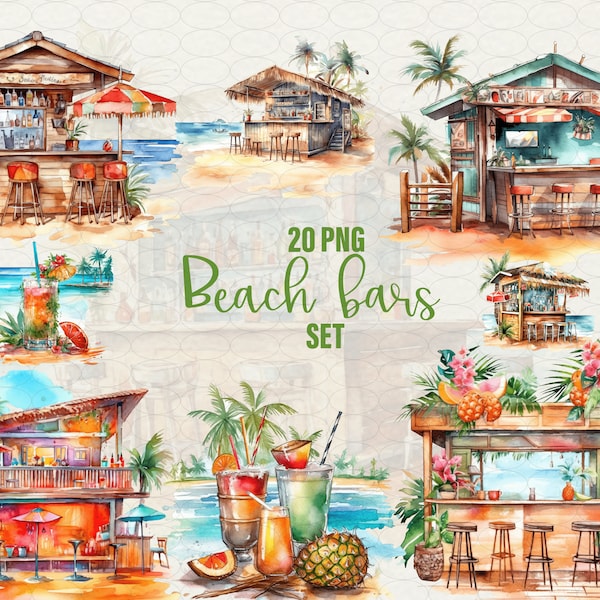 Watercolor Beach bar Clipart, 20 png tropical island Hawaii cocktail bar palms, drink bar on beach, Commercial Use.