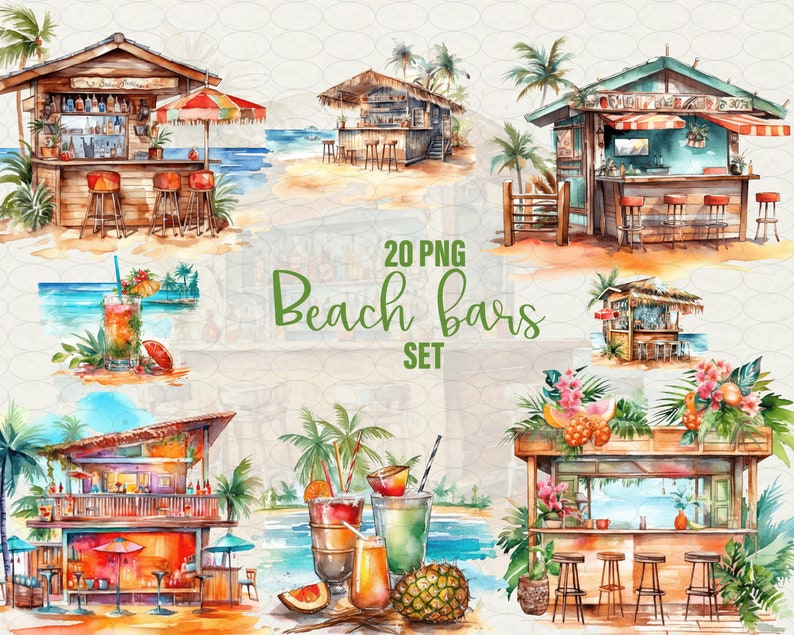 Watercolor Beach bar Clipart, 20 png tropical island Hawaii cocktail bar palms, drink bar on beach, Commercial Use.