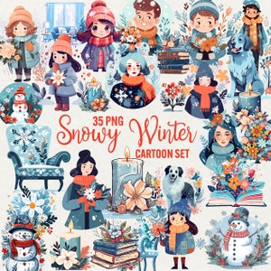 Winter besneeuwde clipart, besneeuwde cartoon afbeelding, 35 png kerst gezellige sneeuwpop, kerst, winter clipart vakantietijd, commercieel gebruik.