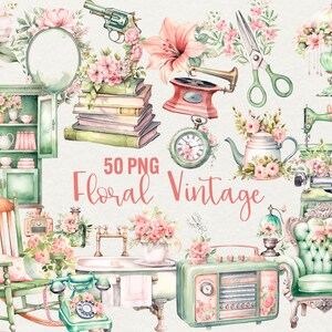 Könnte beinhalten: Ein Set mit 50 Vintage-Blumenillustrationen im PNG-Format. Die Illustrationen umfassen eine Vielzahl von Objekten, wie einen Schaukelstuhl, eine Badewanne, eine Nähmaschine, eine Teekanne, ein Radio, eine Lampe, eine Uhr, eine Schreibmaschine, ein Telefon, einen Bücherstapel, eine Pistole, eine Schere und einen Blumenstrauß. Die Illustrationen sind alle im Aquarellstil gehalten und weisen eine weiche, pastellfarbene Farbpalette auf.