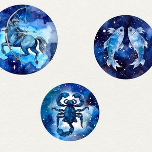 Watercolor Zodiacs clipart, 12 png Horoscope clipart Signs, Astrological zodiac blue celestial zodiac Watercolor illustration Commercial Use