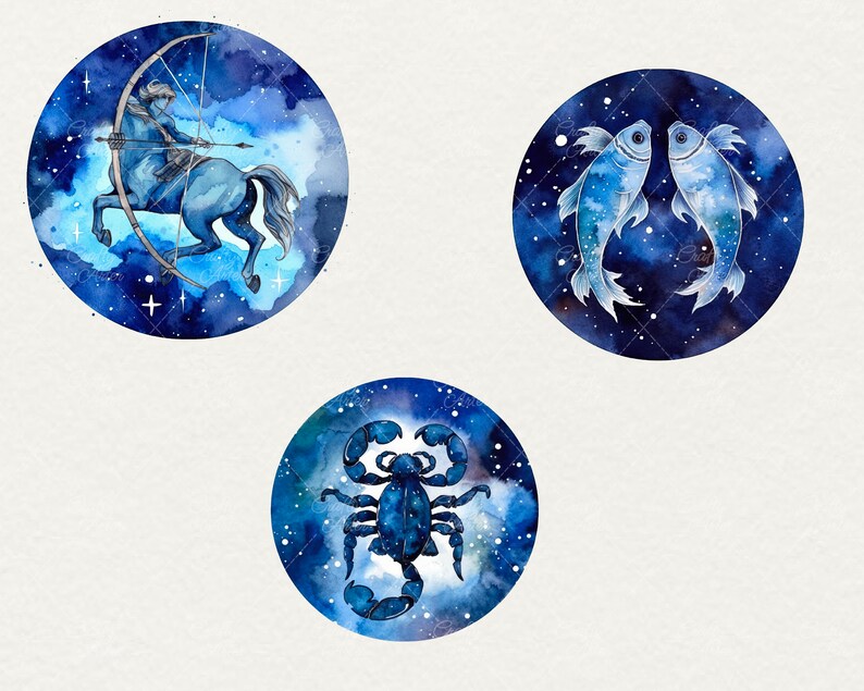 Watercolor Zodiacs clipart, 12 png Horoscope clipart Signs, Astrological zodiac blue celestial zodiac Watercolor illustration Commercial Use