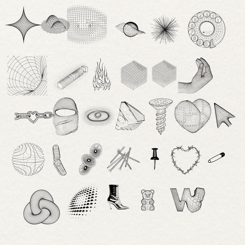 Y2K Wireframe Shapes Clipart: Edgy PNG Designs (commercial Use) - Etsy
