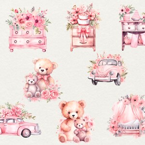 May include: A collection of pink and white nursery decor items, including a dresser, a nightstand, a crib, a car, and teddy bears. The items are decorated with flowers and bows.