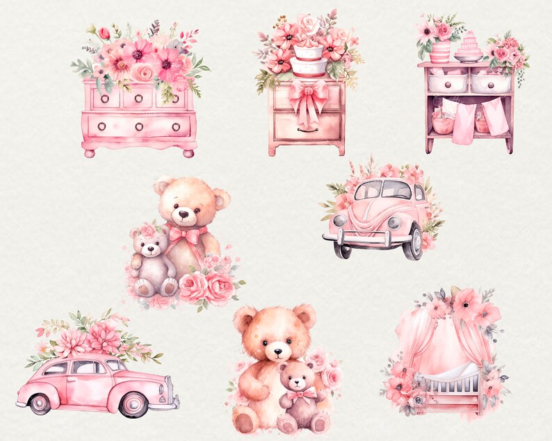 May include: A collection of pink and white nursery decor items, including a dresser, a nightstand, a crib, a car, and teddy bears. The items are decorated with flowers and bows.