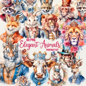 Clipart di animali eleganti ad acquerello, 40 Png Clipart di ritratti di animali, animali vittoriani, coniglio, leone, volpe, gatto, mucca, cervo, uso commerciale