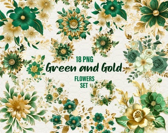 Green and Gold Flowers clipart, planners, 18 PNG green flowers vintage clipart, green wedding clipart Commercial Use.