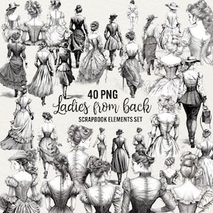 ビクトリア朝の女性のクリップアート、40 PNG バンドル、白黒の美しい後ろ姿の女性のグラフィック、モノクロで描かれた女性のクリップアート、商用利用