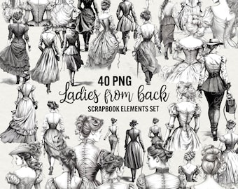 Victorian Ladies Clipart, 40 PNG bundle Black and white beautiful back view woman graphics, monochrome drawn woman clipart, Commercial use