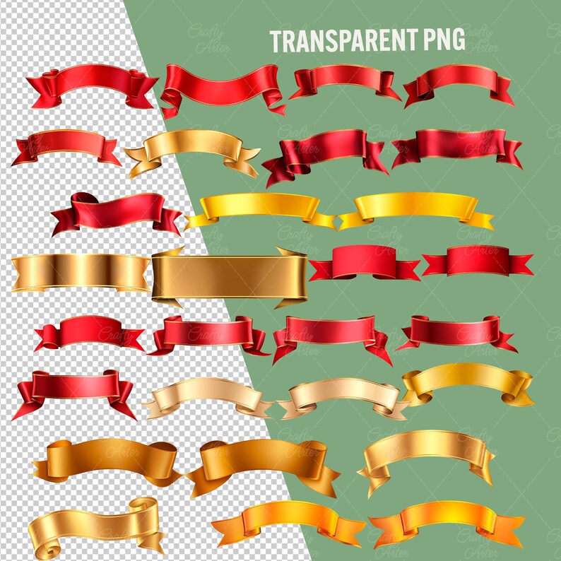 Ribbon Banners Clipart, 50 png red banners, gold ribbons, labels png, scrapbook, junk journal, transparent background, commercial use, ribbon overlays, paper crafts, red flag tag, gold flag tag, banner clip art graphics