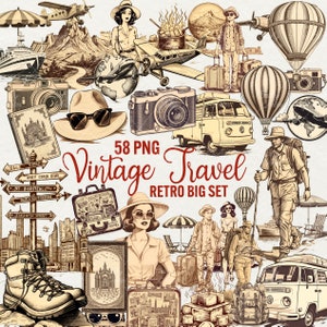 Imágenes prediseñadas de viajes vintage, gráficos retro antiguos (58 PNG), camping retro, avión, coche, chica, yate, maleta, efímera de vacaciones, uso comercial