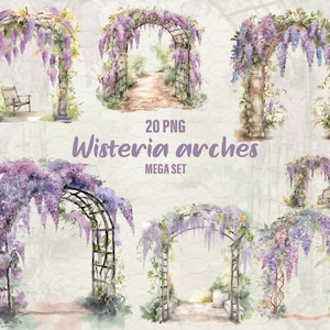 Clipart z akwarelowymi łukami, clipart ślubny, clipart wisteria, clipart łuki ślubne, fioletowy romantyczny, akwarela cyfrowa, wykorzystanie komercyjne.