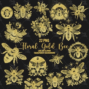 Floral Gold Bee Clipart, 22 png goldene Biene Linie Kunst, Hummel, Bienenkönigin png, Honigbiene, himmlische png, sofort-Download, kommerzielle Nutzung